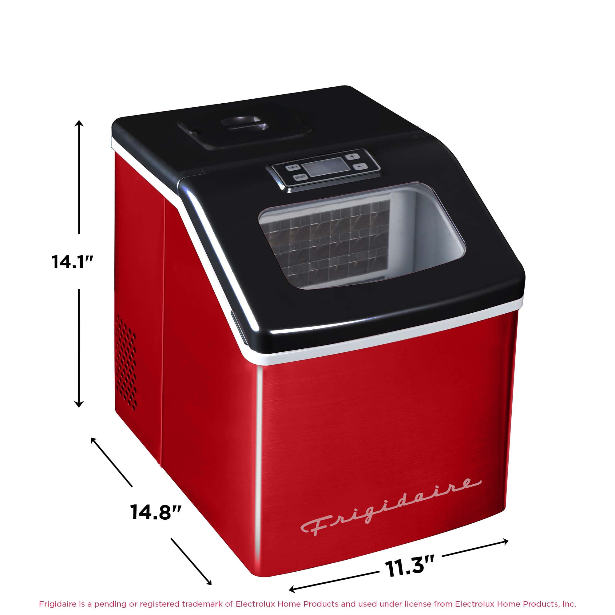 Frigidaire Clear Ice Maker 40 Lbs, Red Stainless Steel Countertop Ice Machine with Square Ice for Home, Kitchen, Office, Bar