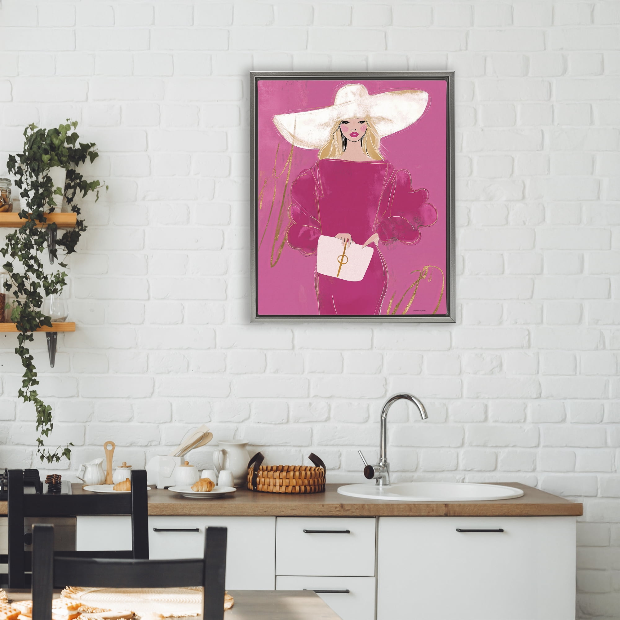 Stupell Industries Lady In Pink with Hat Gray Framed Floater Canvas Wall Art, design by Svetlana Aleynikova