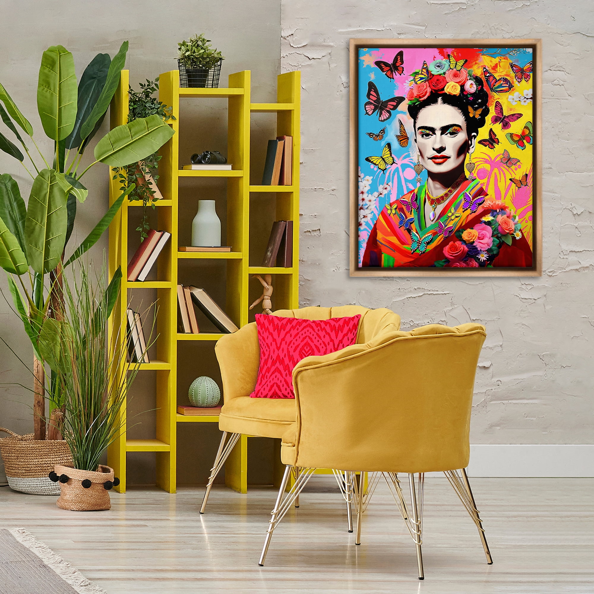 Stupell Industries Eccentric Butterflies Frida People Painting Brown Floater Framed Canvas Art Print Wall Art, 25 x 31