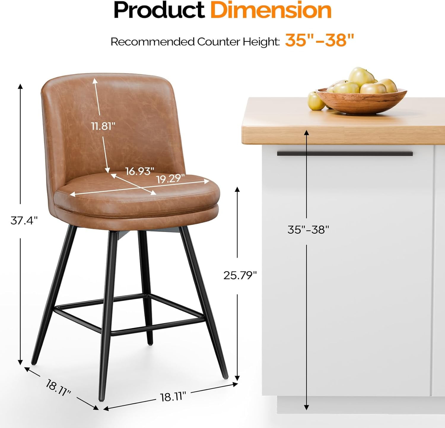 VINGLI 26" H Swivel Barstools Set of 2, PU Faux Leather Upholstered Counter Height Bar Stool with Back, Kitchen High Chairs with Cushion Round Seat, Metal Legs, White