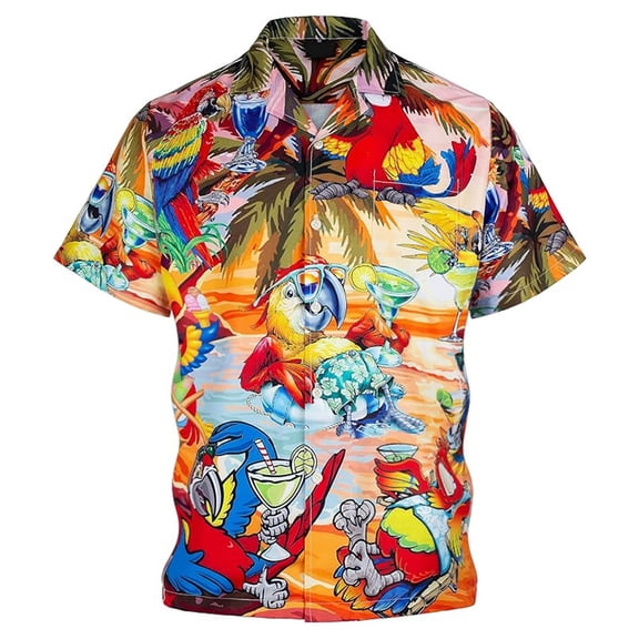 80s 90s Hawaiian Shirt for Men Button Down Shirt Funny Parrot Printed Casual Bowling Shirt Red XXL