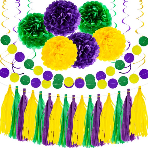 32 Piezas De Decoraciones De Mardi Gras, Suministros Para Regalos De Fiesta, Accesorios De Decoración De Mardi Gras, Telón De Fondo Para Colgar En Forma De Remolino, Pompones De Papel De Seda, Guirnal