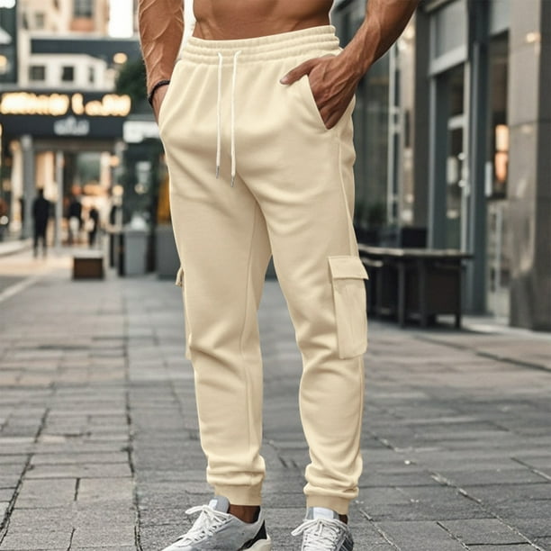 Pantalones largos para hombre, casuales, de moda, de color sólido, con cordón, cintura elástica y bolsillos.