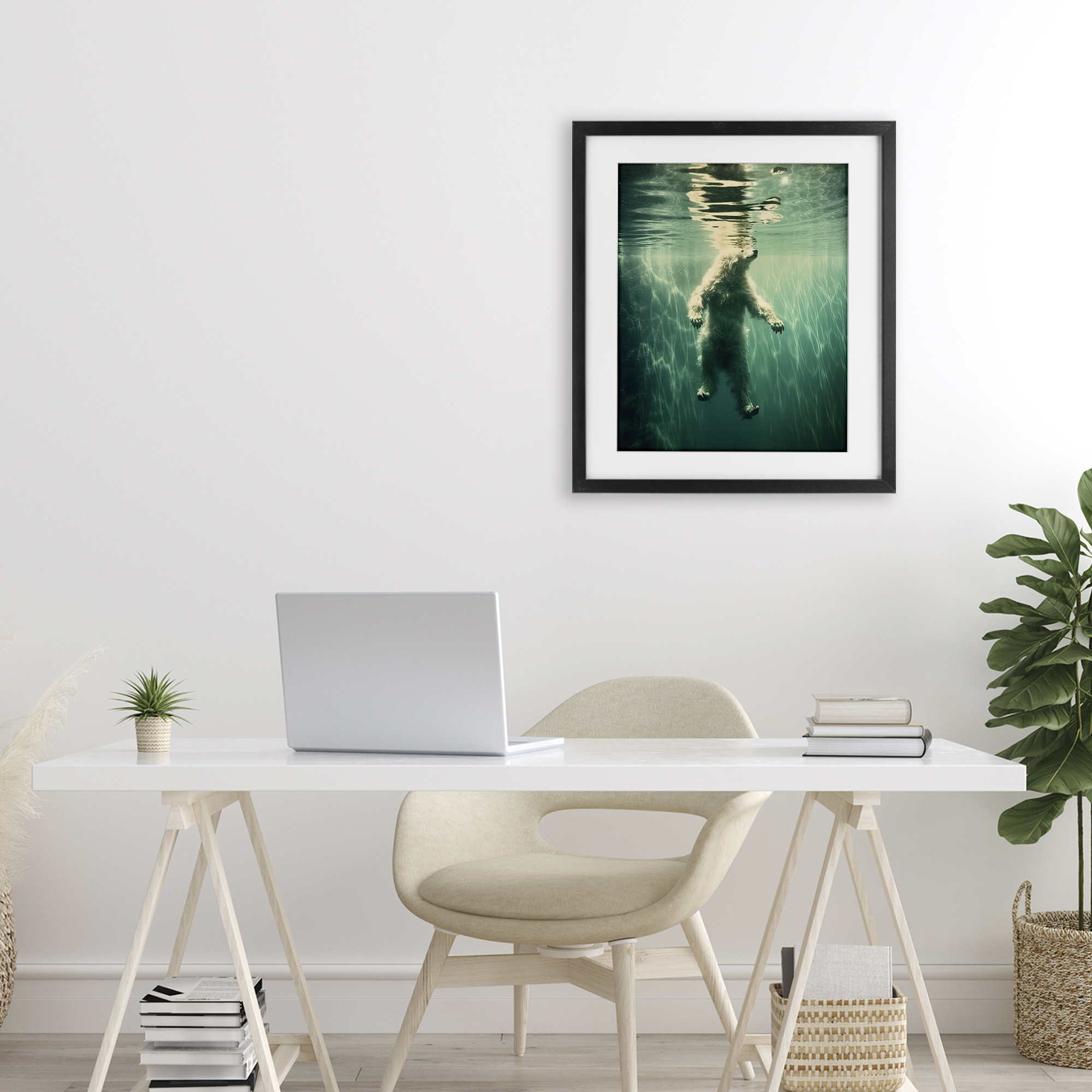 Floating Bear Underwater Black Framed Print Under Glass, design by Decent Exposures