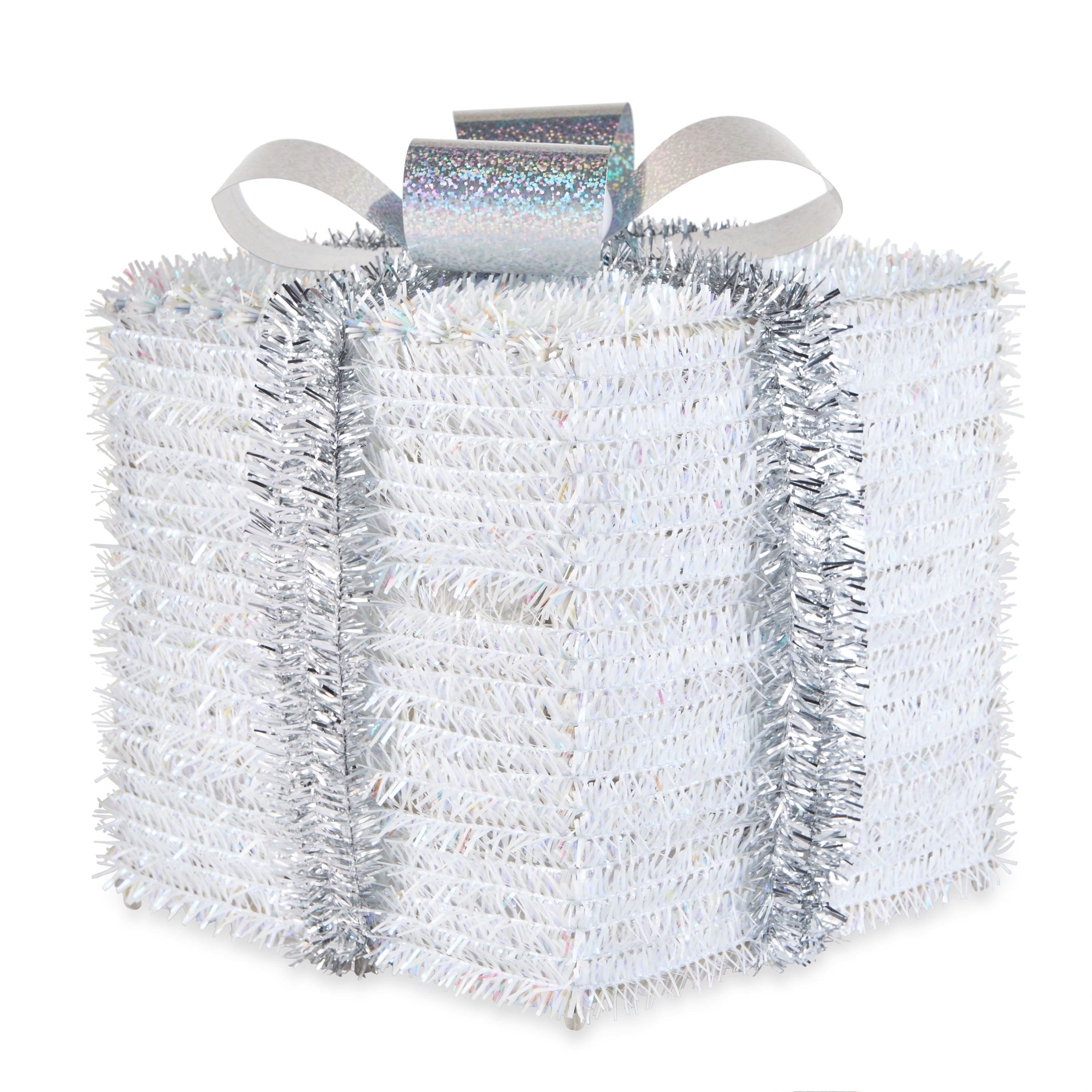 Holiday Time 3D 8" White Tinsel Christmas Gift Box
