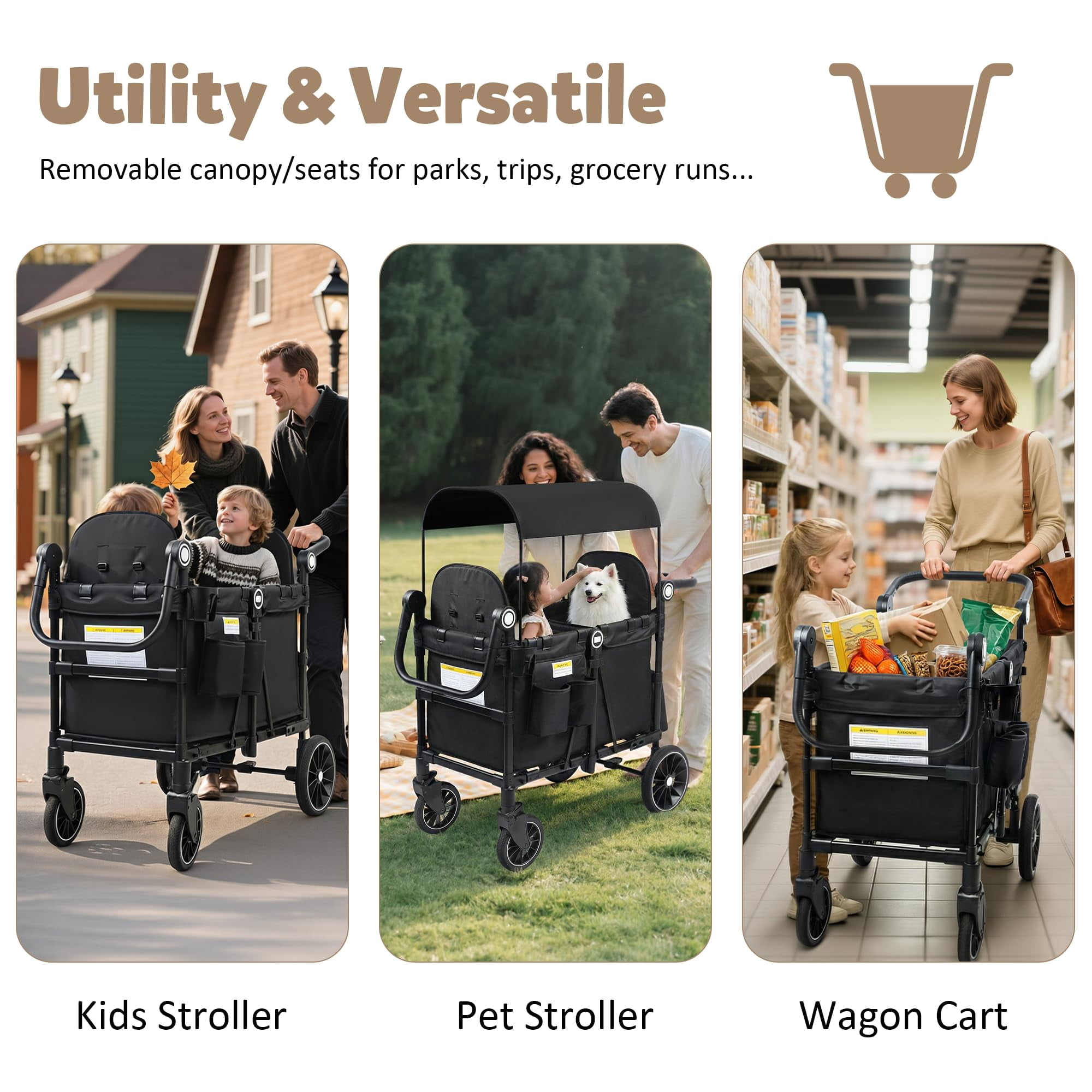 LINLUX 2 Kids Wagon Stroller, Foldable Outdoor 2-Seat Stroller Wagon, Removable Canopy, 55 Pound, Black