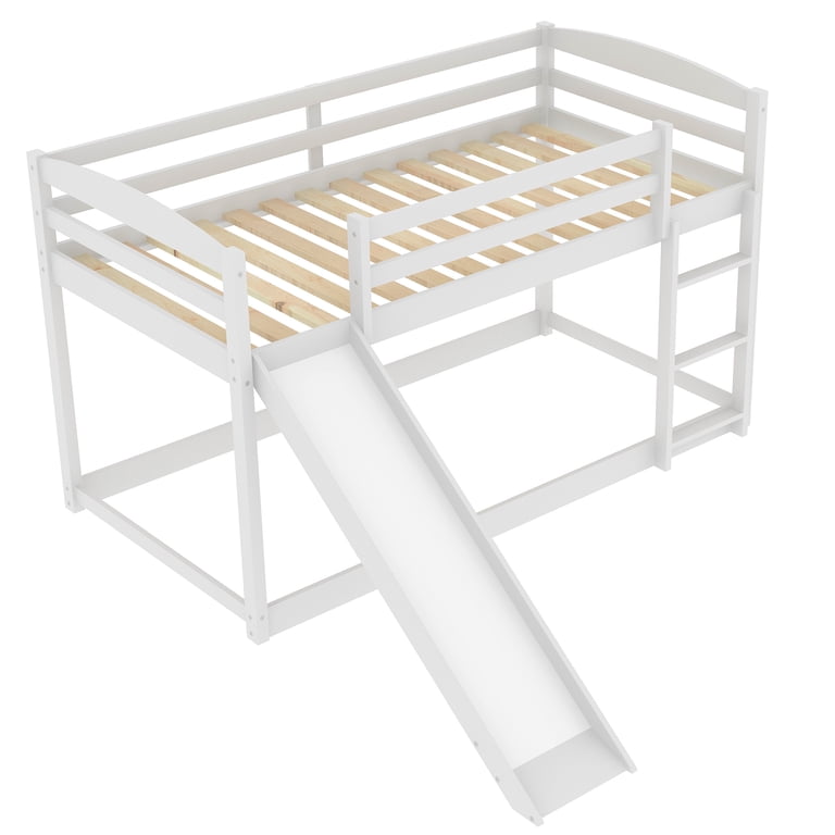Euroco Solid Wood Twin Over Twin Bunk Bed with Slide, White photo 8