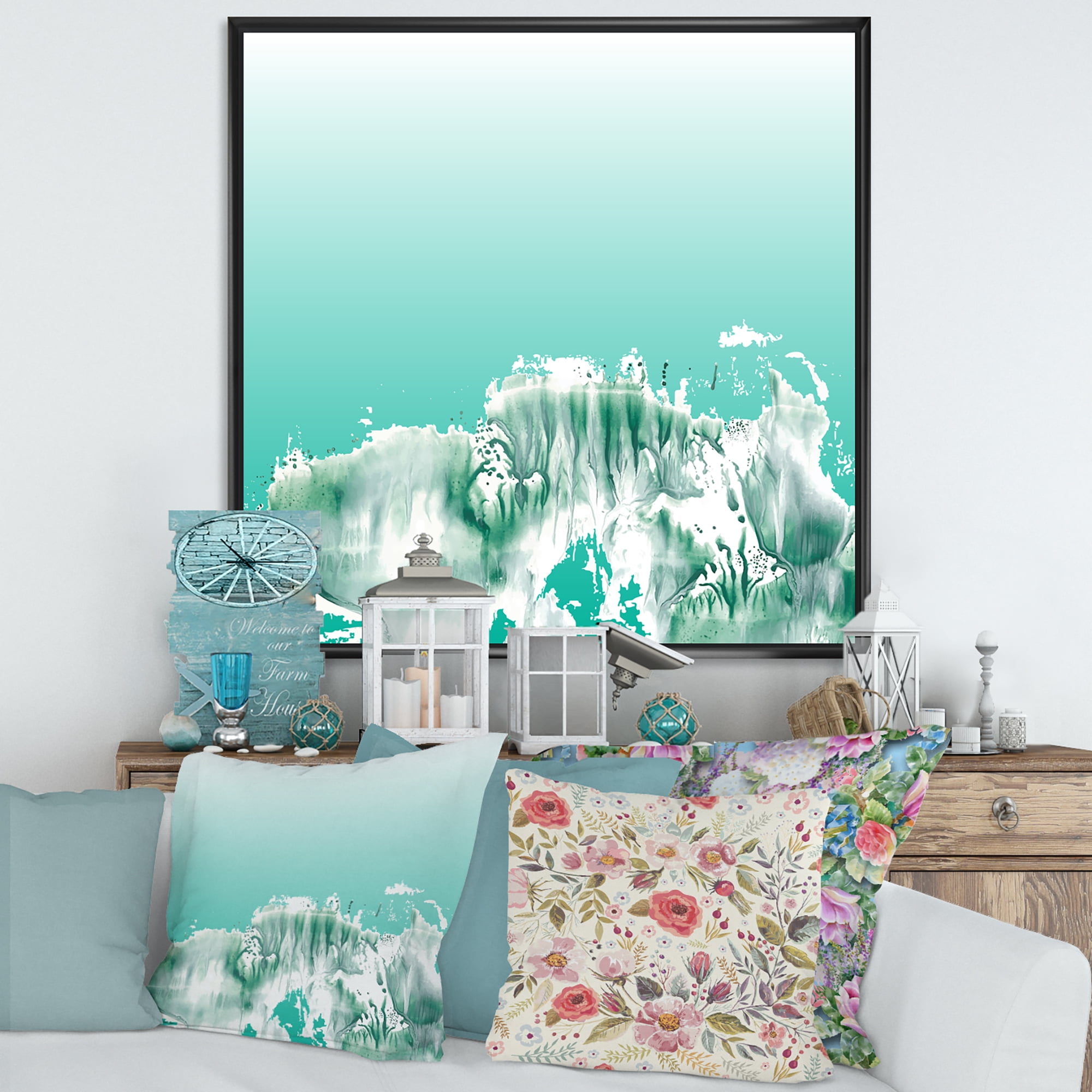 Designart 'Auquamarine Landscape Turquoise Splashes' Traditional Framed Canvas Wall Art Print