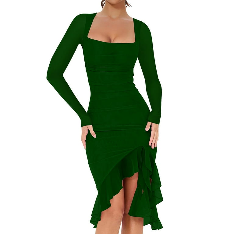 Bbyeadc Women's Sexy Ruched Bodycon Midi Dresses Square Neck Long Sleeve Ruffle Hem Cocktail Party Dress (Dark Green, XL) Bbyeadc Women's Sexy Ruched Bodycon Midi Dresses Square Neck Long Sleeve Ruffle Hem Cocktail Party Dress (Dark Green, XL)