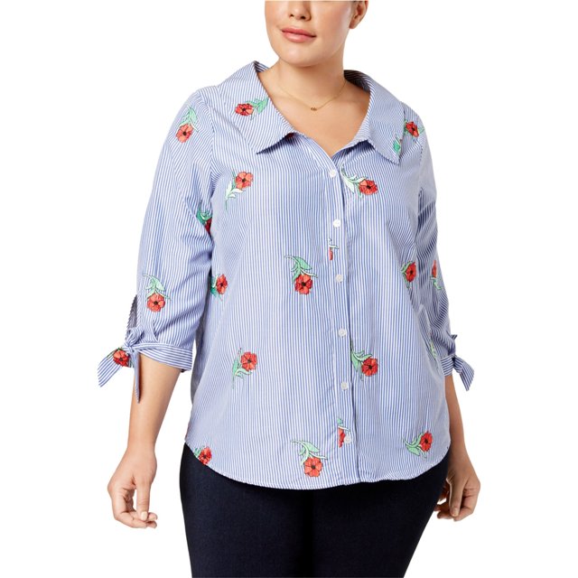 Monteau Camisa con botones bordada de talla grande a la moda para mujer, azul, 2X