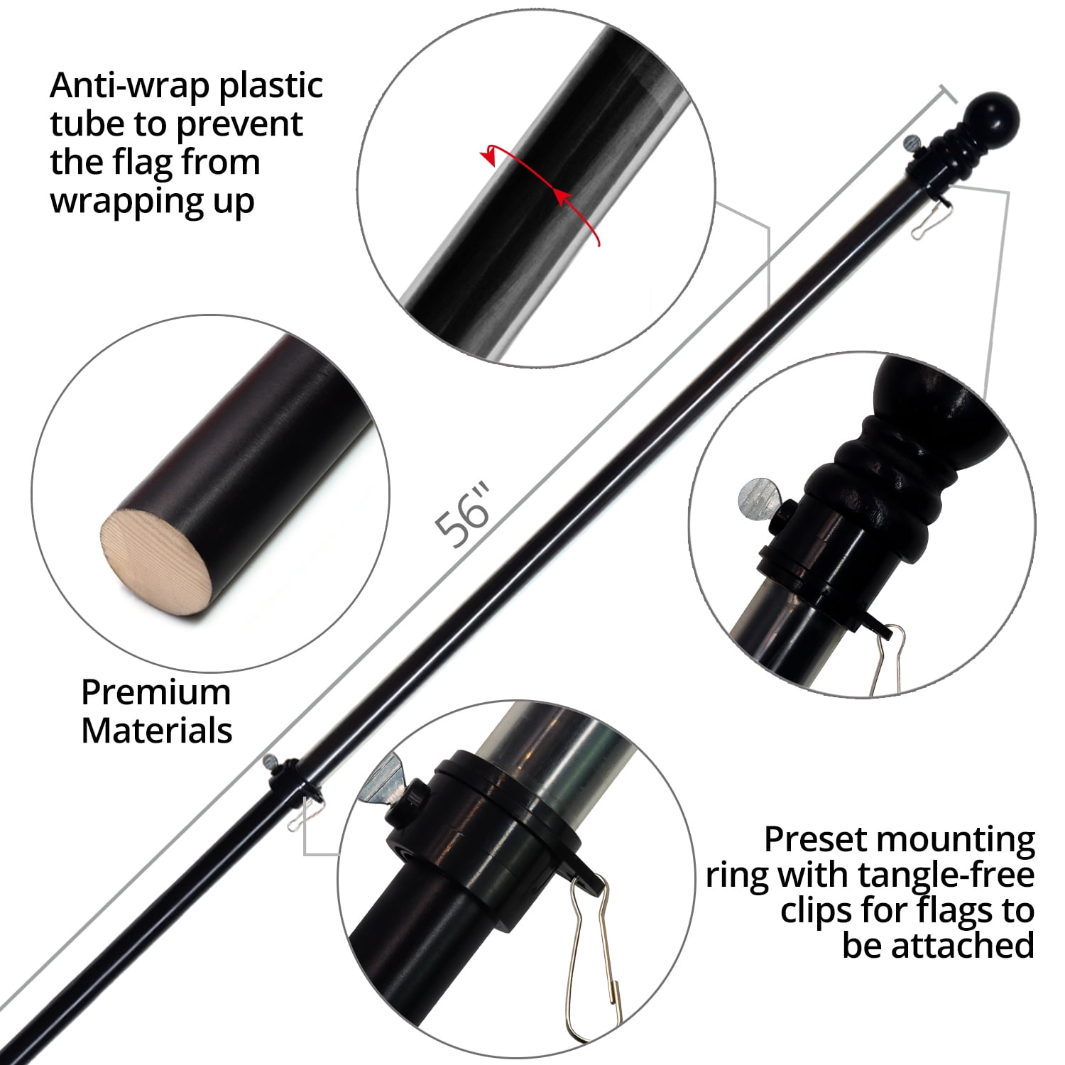 ANLEY 56" Pine Wooden House Flagpole - For Sleeve House Flags (28" x 40") - Wood Flag Pole with Tangle Free Design, Rotating Rings and Anti-Wrap Tube (Black)