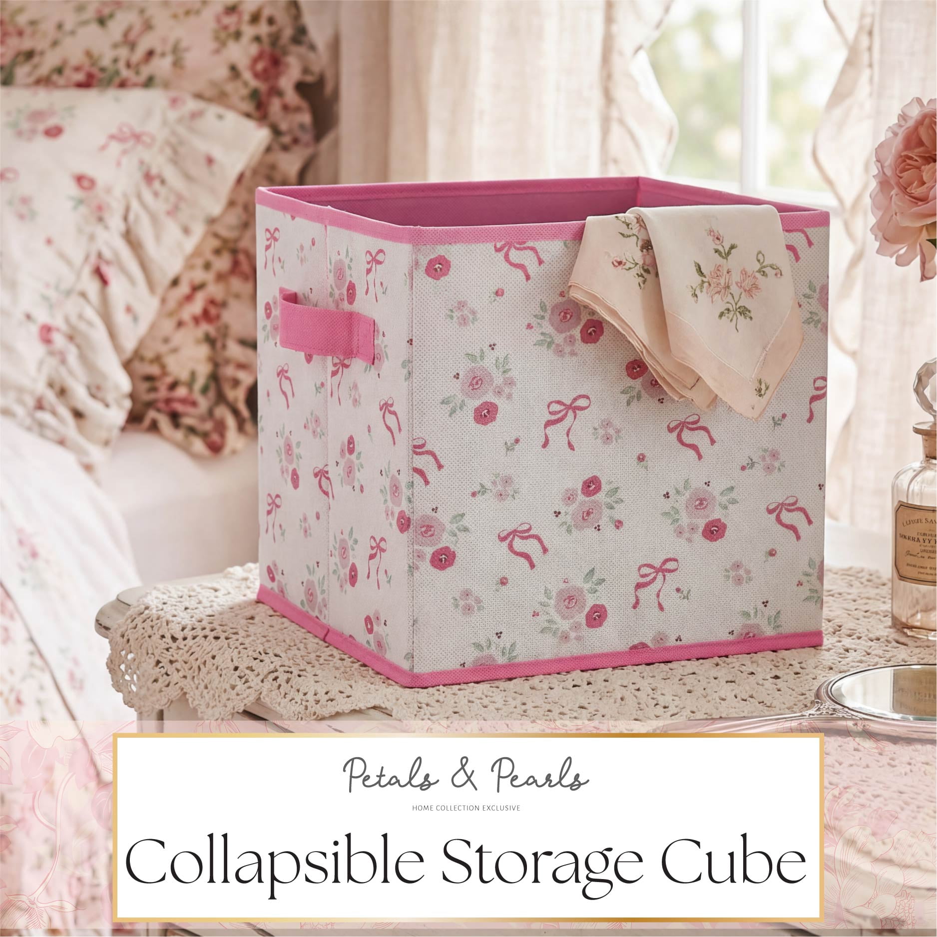 Urban Shop Petals and Pearls Collapsible Storage Cube, Toile Roses
