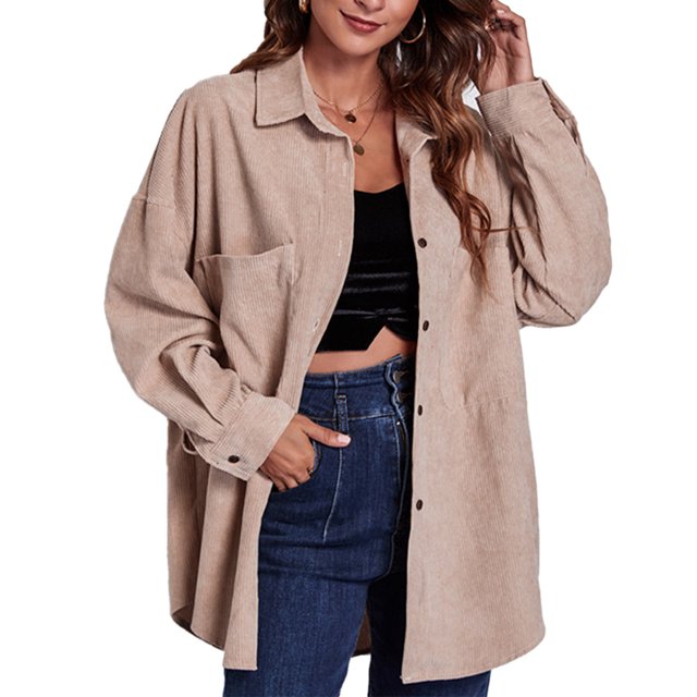 Camisa holgada de longitud media para mujer Chaqueta con botones de pana Abrigo de manga larga con hombros caídos con paneles Caqui M