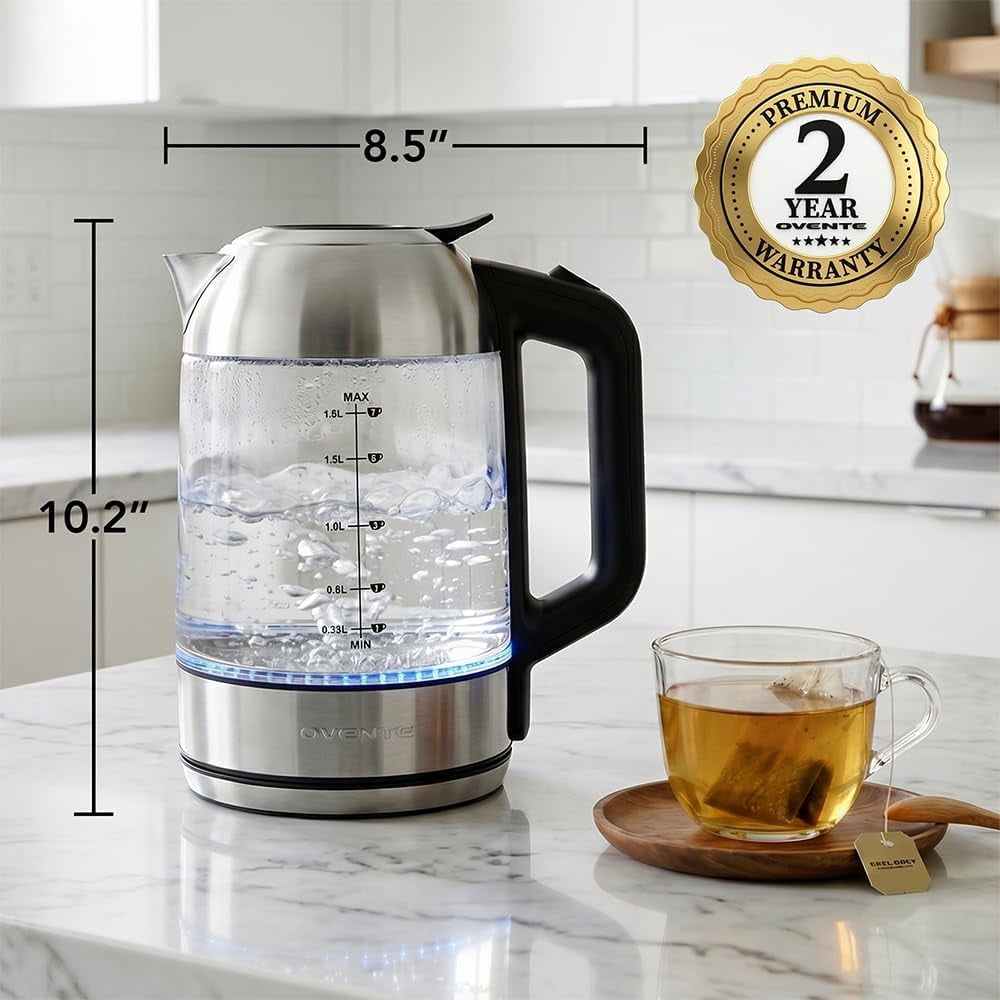 OVENTE Electric Kettle, 1.8L Glass Tea Kettle & Stainless Steel BPA-Free Cordless Electric Kettle, 1500W Fast Boil Electric Pot with Easy-Fill Lid, Auto Shut-Off & Boil Dry Protection, Silver KG751S