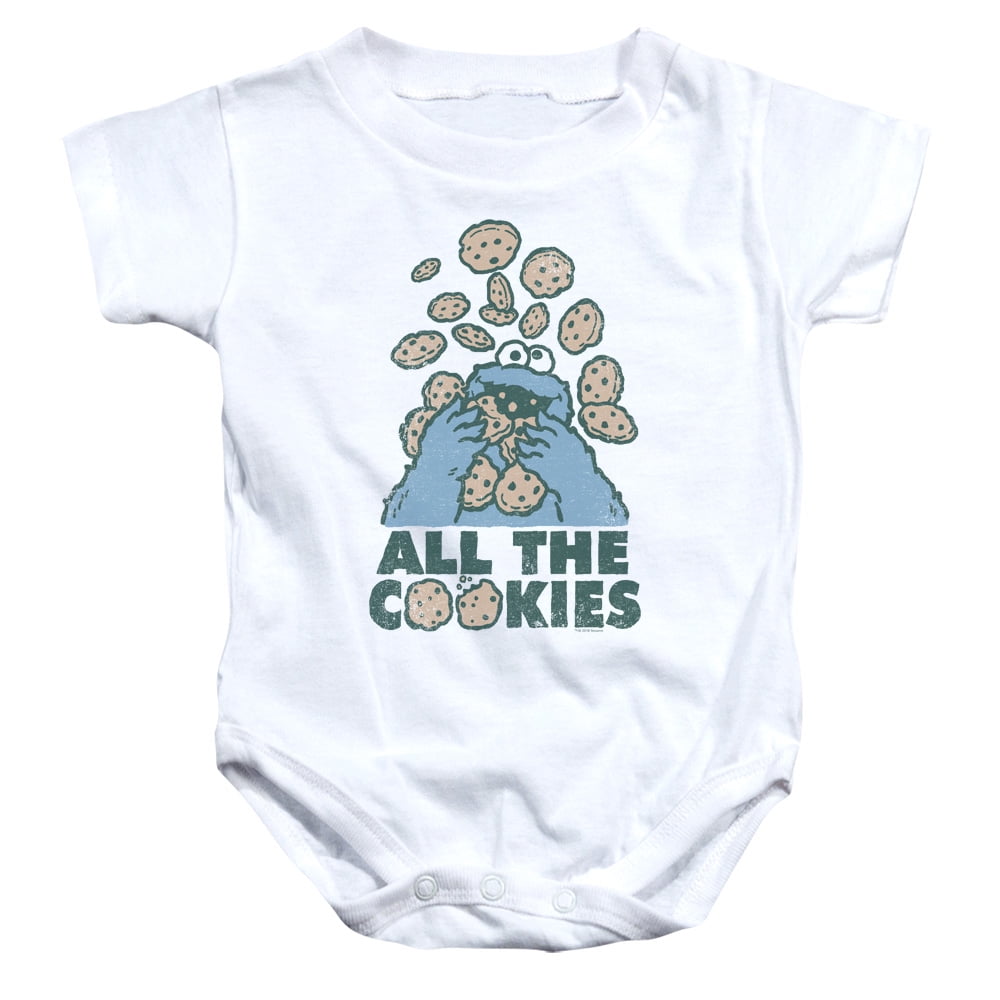 Sesame Street All The Cookies, White Baby/Toddler Unisex Boy Girl Onesie Short Sleeve Snapsuit (6 Months) All The Cookies, White