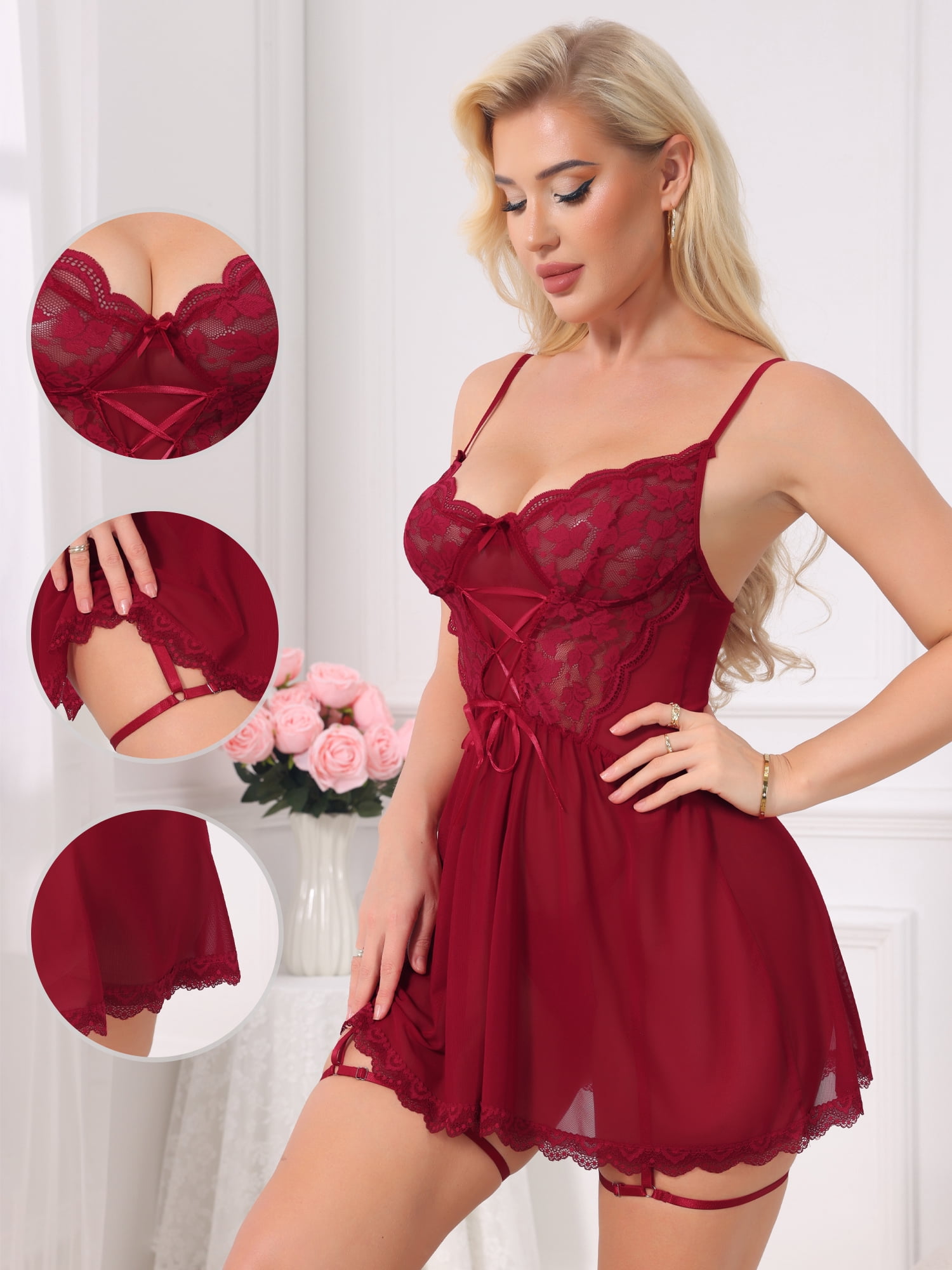 DARING DIVA Women's Lingerie See Through Chemise Nightgown with Garter Belt S Wine Red
