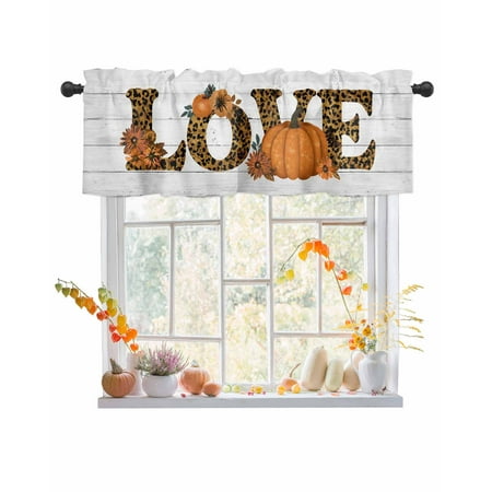 Rod Pocket Window Valances LOVE Leopard Print Pumpkin on Wood Board Short Kitchen Curtains Autumn Leaves Window Treatment Drapes for Bedroom Bathroom Living Room 42x12In 1 Panel
