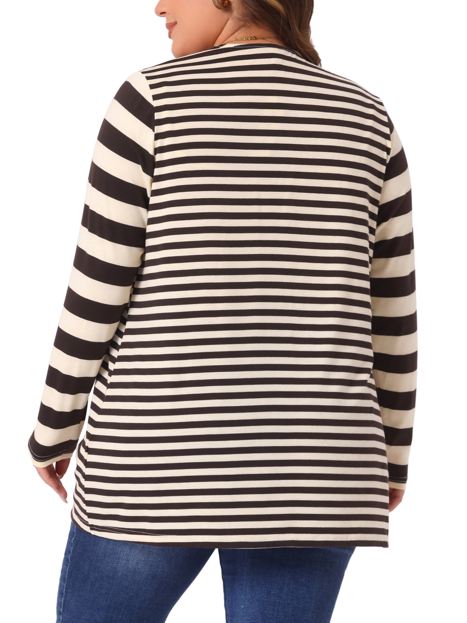 Unique Bargains Women's Plus Size Open Front Striped Mixed Cardigan 4X Brown