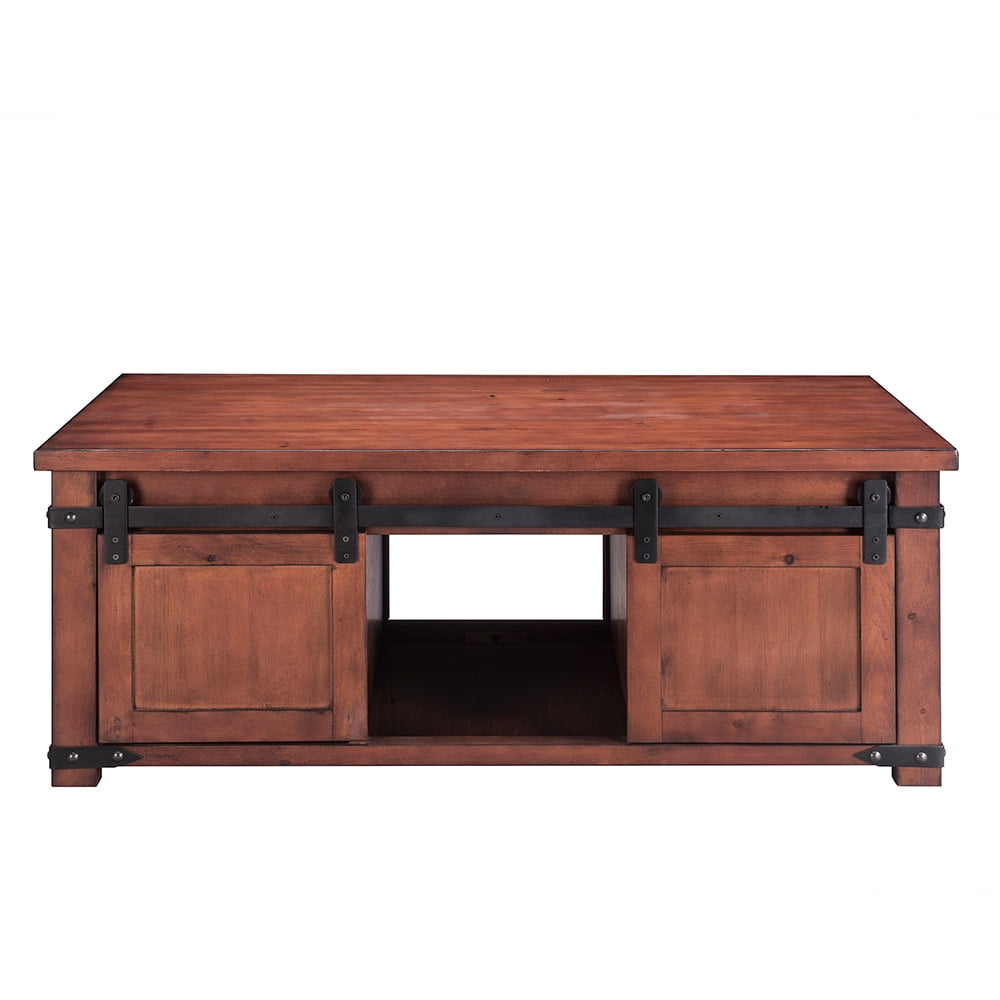 Kepooman Rustic Farmhouse Coffee Table with Sliding Barn Doors and Storage Cabinets for Living Room - Brown Kepooman Rustic Farmhouse Coffee Table with Sliding Barn Doors and Storage Cabinets for Living Room - Brown