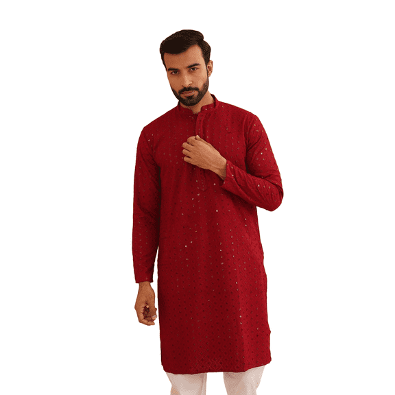 Sojanya (Since 1958) Men'S Pure Cotton Maroon Embroidered Sequined Kurta