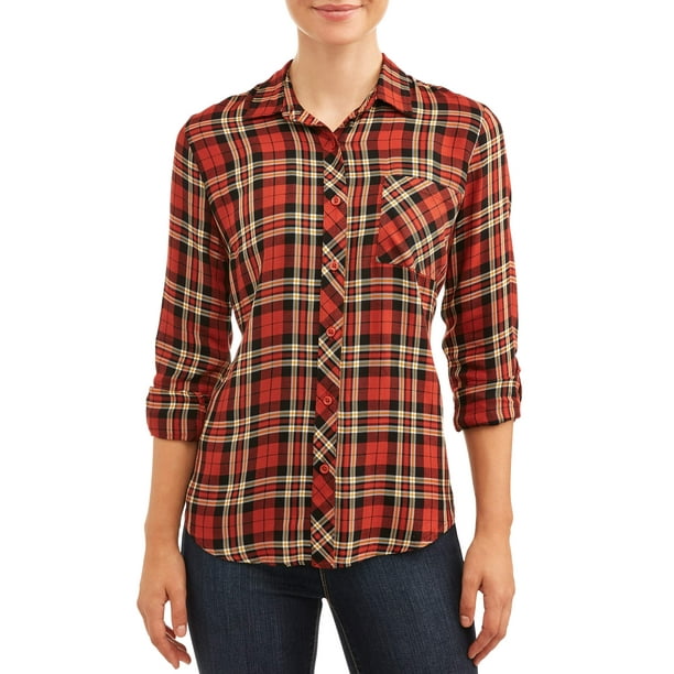 Time and Tru Women's Button Front Plaid Top