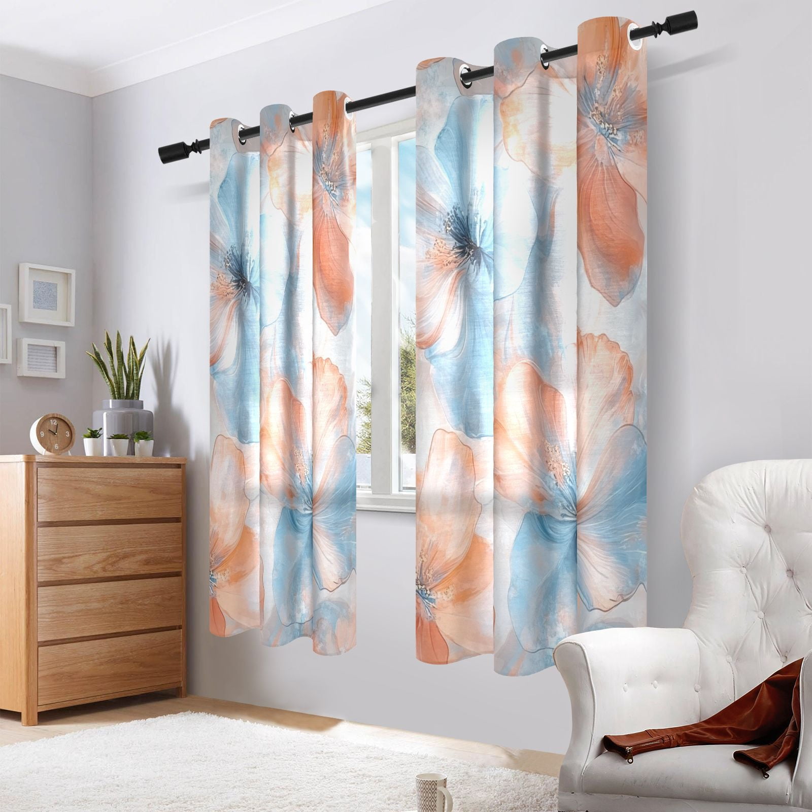 Orange Blue Flowers Blackout Curtains 63 inch Length 2 Panels Window Decoration Curtains for Bedroom Living Room