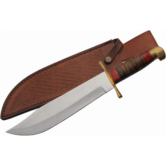 SZCO 17 Inch Bowie Hunting Knife With Stainless Steel Blade Leather Stacked Pakkawood Handle And Brown Leather Sheath