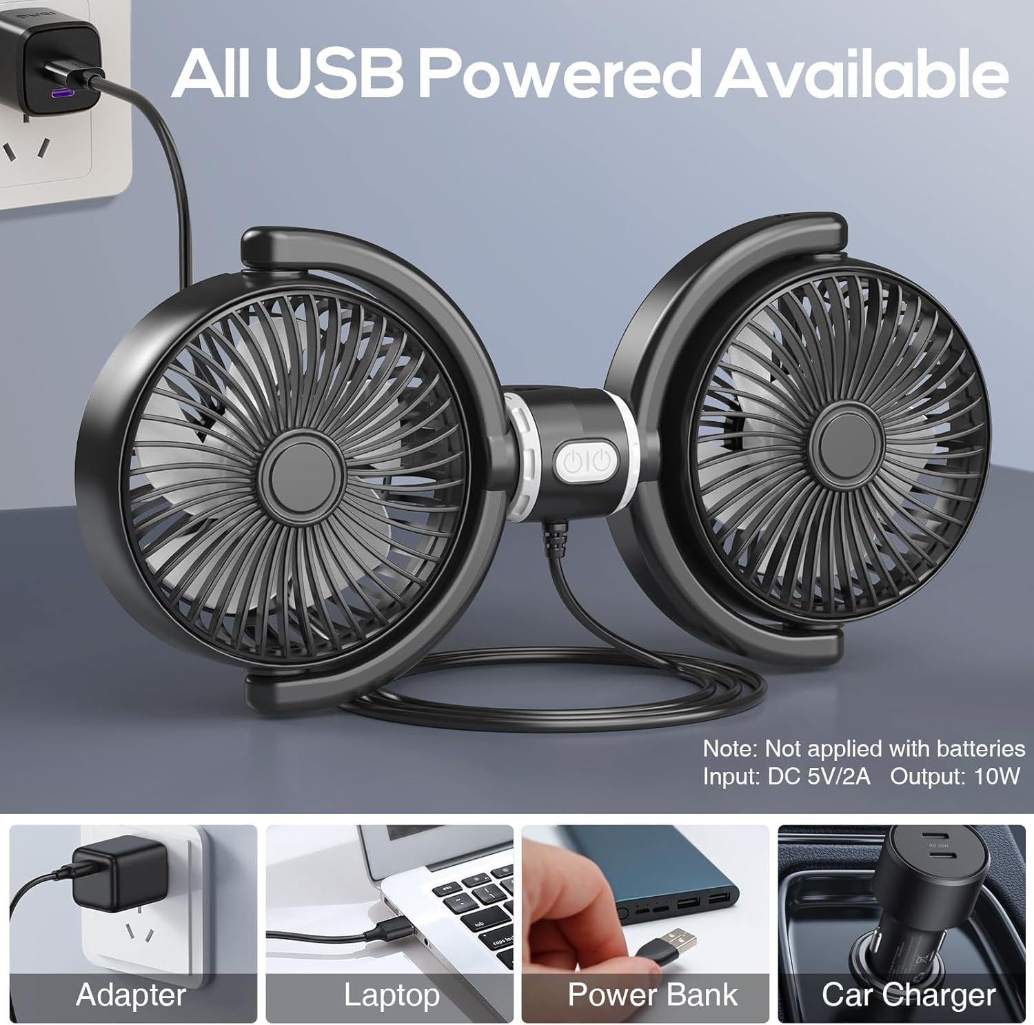 Dual Head Car Fan, USB Cooling Fans for Backseat, 360° Rotatable Car Seat Headrest Fan for Kids Dog Rear Facing, 3-Speed Separate Controlled Car Backseat Fan Air Circulation for Vehicle SUV RV Trunk