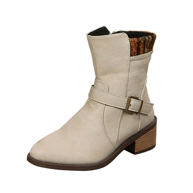 WRKEKC Womens Boots Ankle Booties Solid Square Toe Side Zipper Thick Heel Mid Heel Short Boots for Ladies Winter
