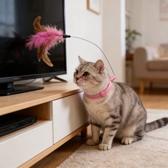 Interactive Cat Self-Play Teaser Wand for Indoor and Exercise with Collar Attachment Feathered Toy for Cats Seamless Motion and Steel Wire