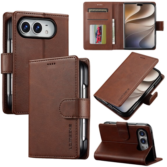 ELEHOLD Leather Wallet Case for Apple iPhone Duo, Shockproof Folio Flip Cover with Kickstand Card Holder Magnetic Closure,Brown
