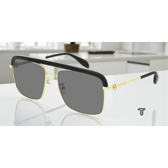ALEXANDER MCQUEEN AM0258S 001 Pilot Gold Black Grey 59 mm Men's Sunglasses