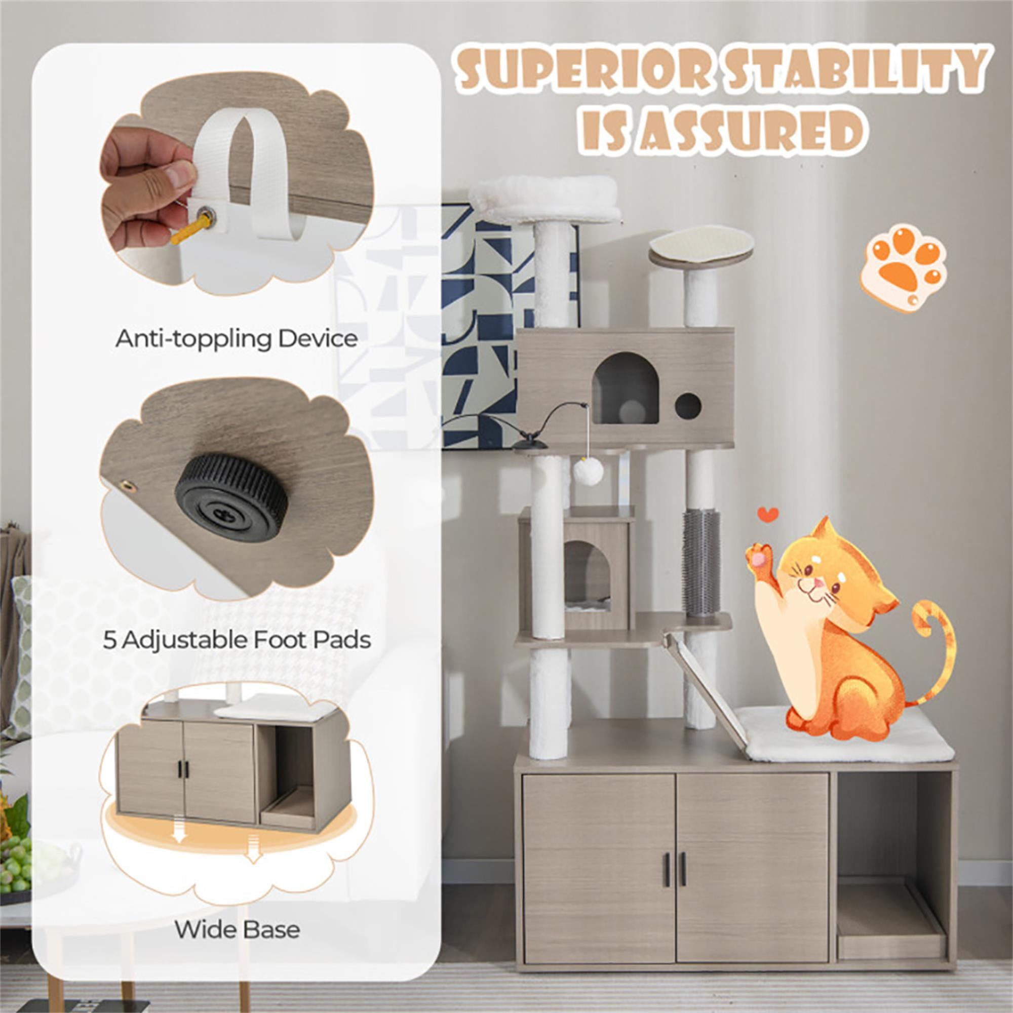 Kadyn 68" Cat Tree with Wood Litter Box Enclosure, All-in-one Indoor Cat Furniture with Large Platform and 2 Condo, Modern Style Cat Tower, Gray