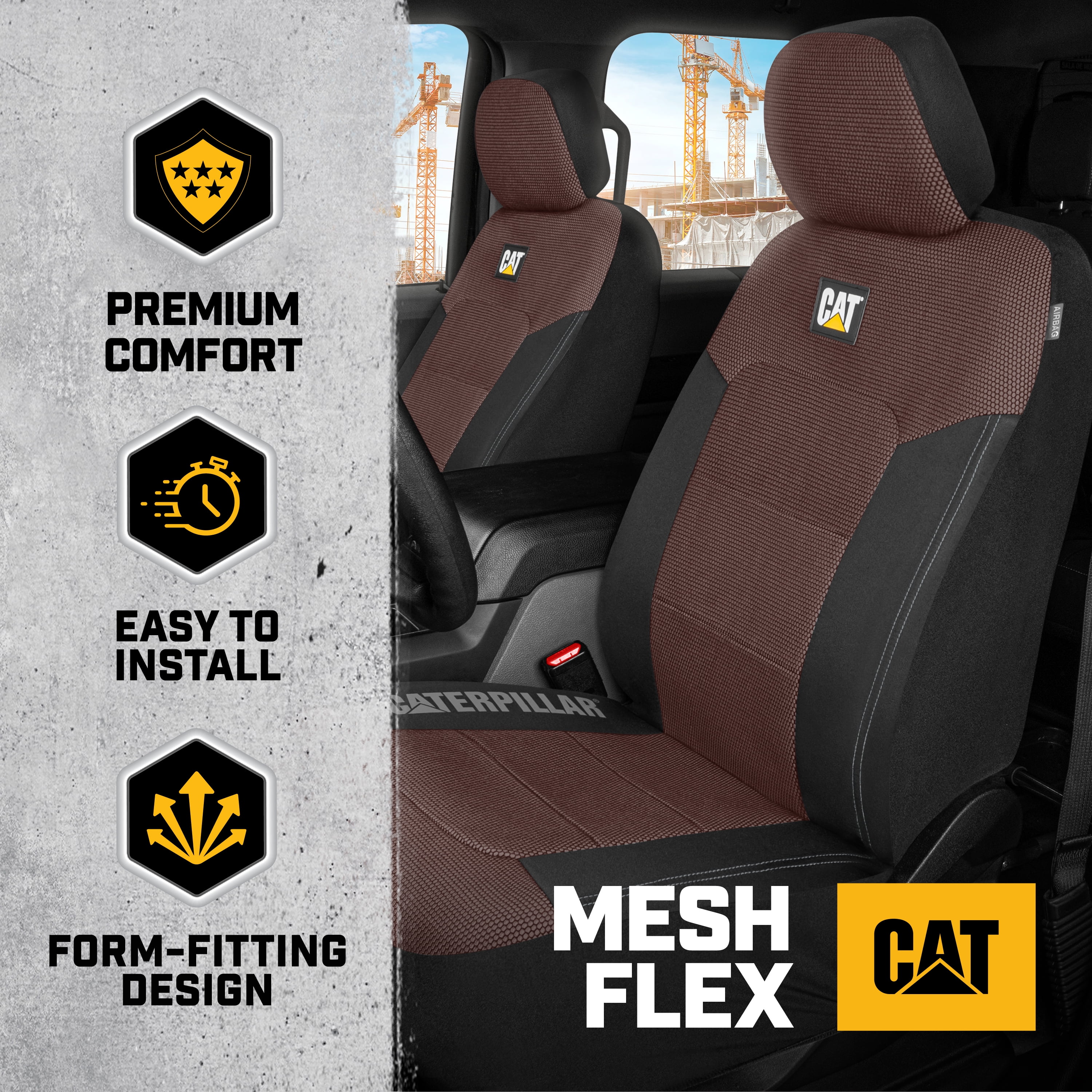 CAT Brown & Black Seat Covers For Cars, Trucks, & SUV - Set of (2) MeshFlex Car Seat Cover Front Seat Protectors - Airbag Compatible Seat Covers for SUV Interior Covers & Seat Cover Accessories