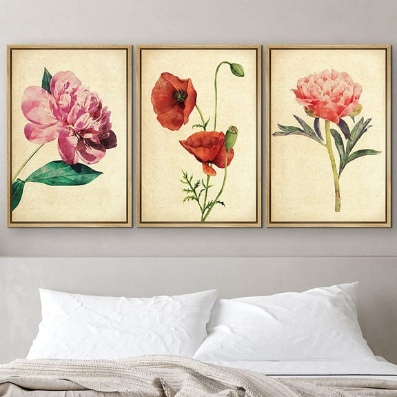 PixonSign Framed Wall Art Print Set Vintage Watercolor Rose Flower Variety Floral Wilderness Illustrations Modern Art Glam Colorful Cool for Living Room, Bedroom, Office - 16"x24"x3 Natural