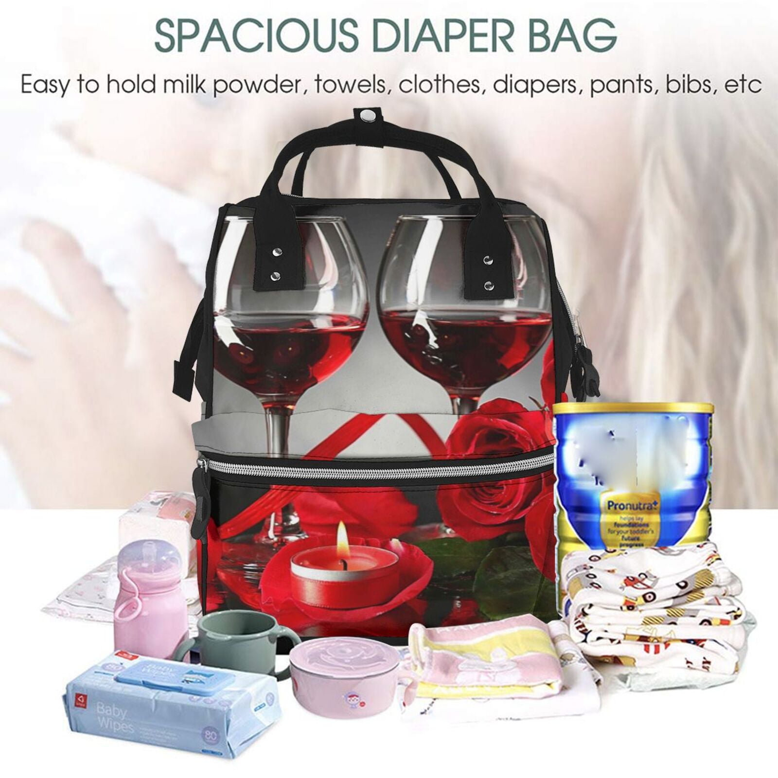 Ratiio Red Wine Rose Mummy Backpack - Waterproof Twill Canvas, Large Capacity Diaper Bag with Multiple Pockets and Adjustable Straps
