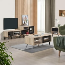 Kings Brand Furniture Nathan 3-Piece Entertainment Living Room Set – TV Stand Console, Coffee Table & End Table, Oak/Black