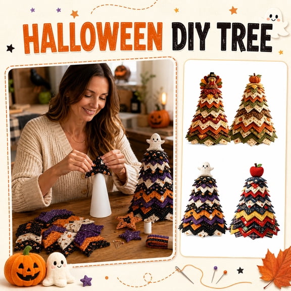 DIY Halloween Patchwork Tree Kit, 11.81 in Fabric Craft with String Lights, Halloween Party Decoration