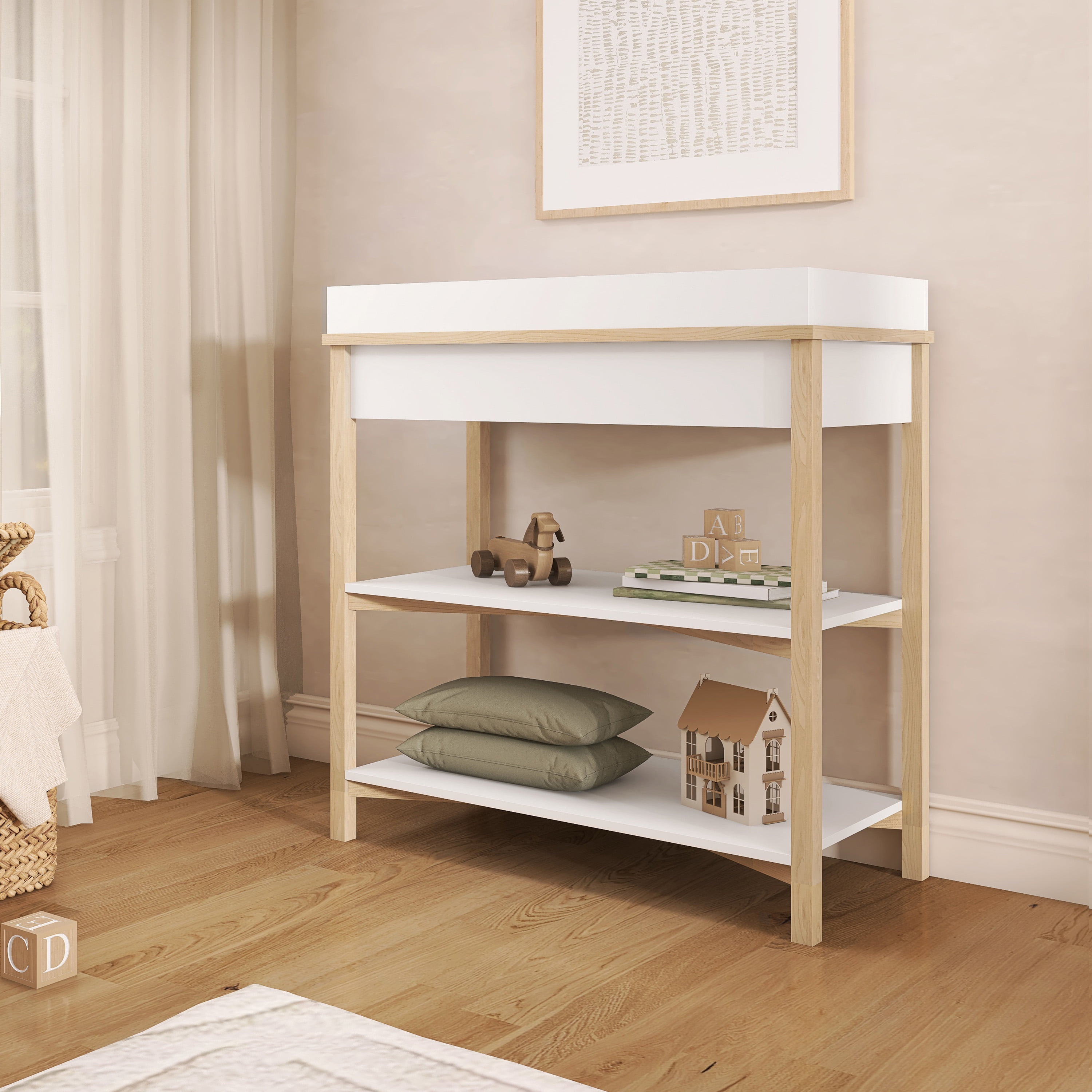 Dream On Me Owen Changing Table in Vintage White Oak, JPMA Certified, with two bottom shelves for storage