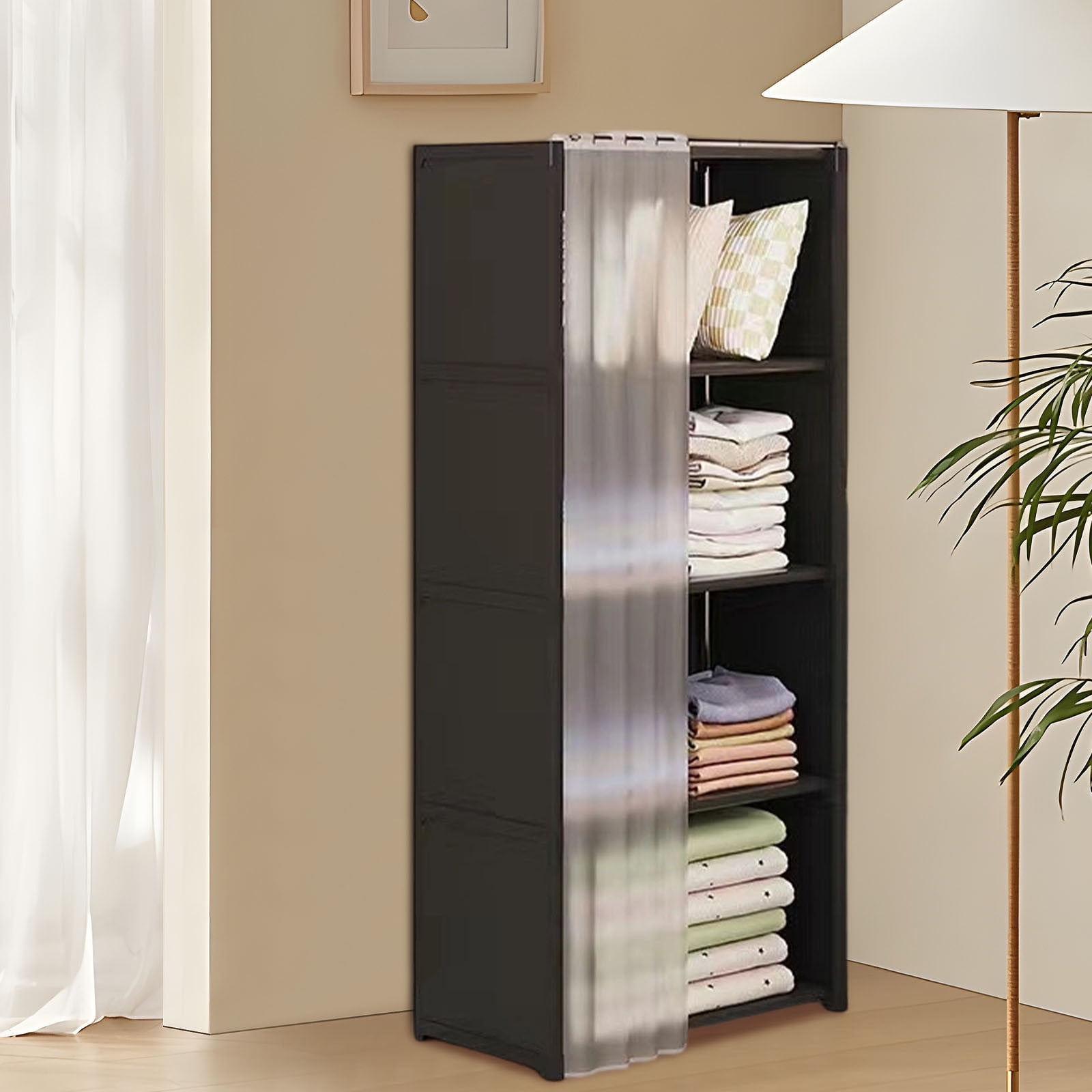 4-Tier Wardrobe Closet with Zippered Dust-Proof Curtain, Fabric Storage Organizer for Bedroom, Heavy Duty Closet Organizer with Shelves, Easy Assembly Standing Wardrobe Cabinet for Clothes