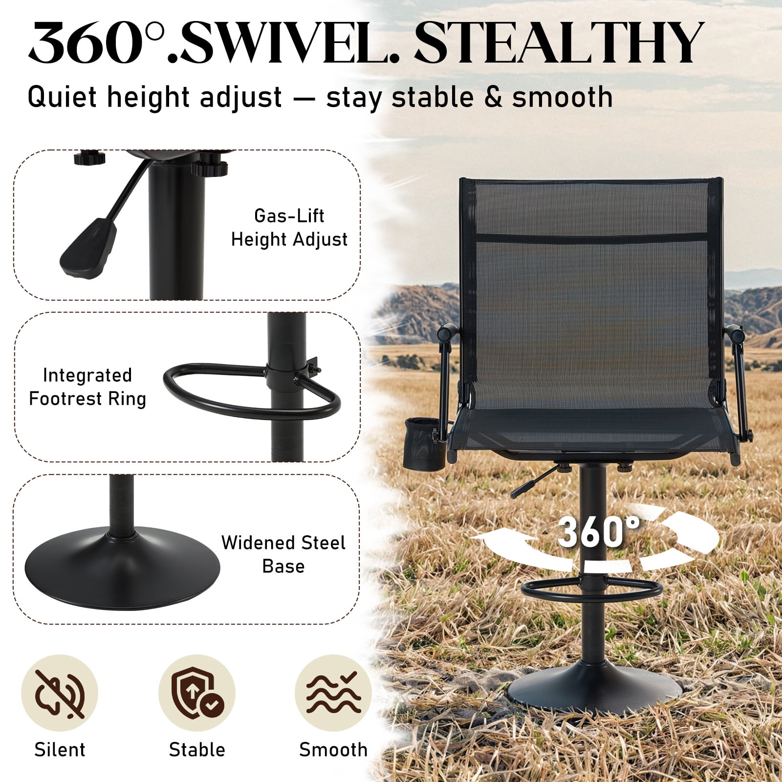 Danrelax Tall Pedestal Swivel Hunting Bar Chair, Footrest Ring, Mesh Back, Armrests
