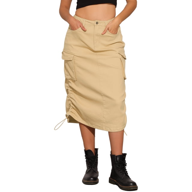 Falda de mezclilla cargo para mujer INSPIRE CHIC, con cordón, de cintura alta, maxi, color caqui claro, talla M