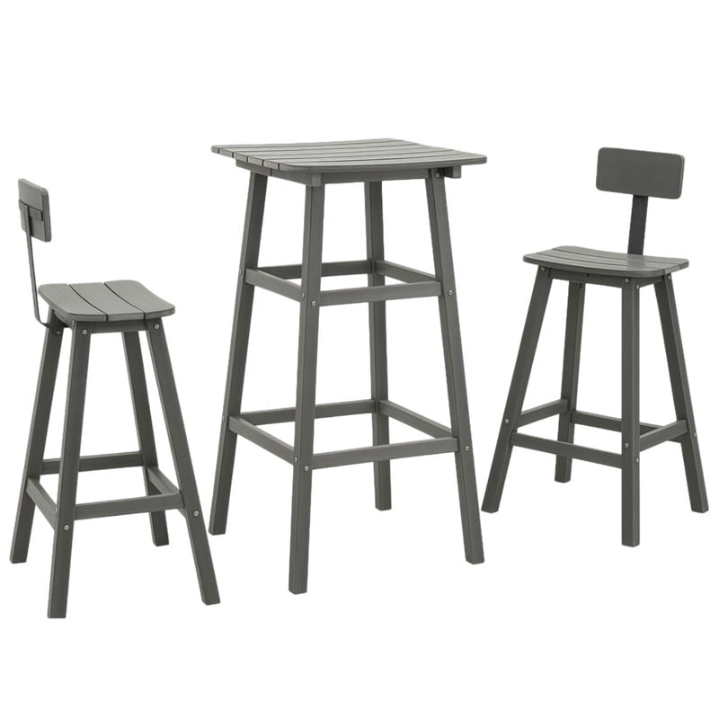 3-Piece Patio HDPE Bar Table Set, Outdoor Bristro Set, Armless Stools with Footrest & Backrest