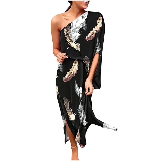 Vestidos Para Mujer Vestidos de Un Hombro Impreso Suelto Media Abertura Dobladillo Manga Odeerbi ODB159409