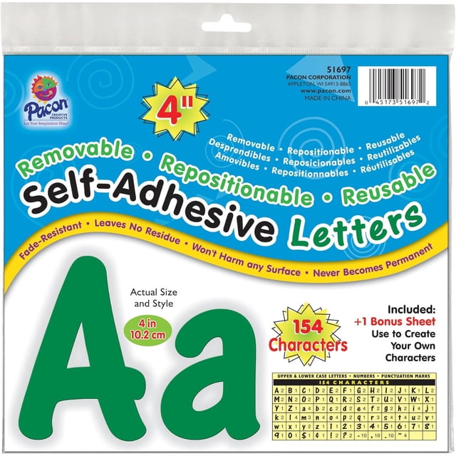 Pacon 4" Self-Adhesive Uppercase and Lowercase Letters, 154-Count, Green (51697)