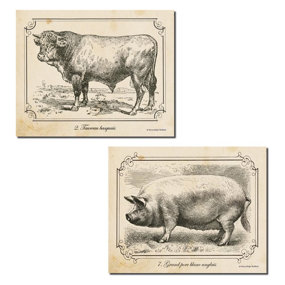 Vintage Black and White Grayscale Farm Pig and Cow Set; Kitchen Decor; Two 14x11in Paper Set