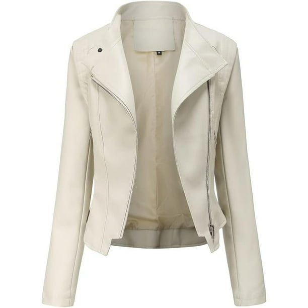 Chaqueta de cuero para mujer Chaqueta corta de motociclista Chaqueta de cuero con cremallera y cuello de solapa Chaqueta de transición Chaqueta corta (L)