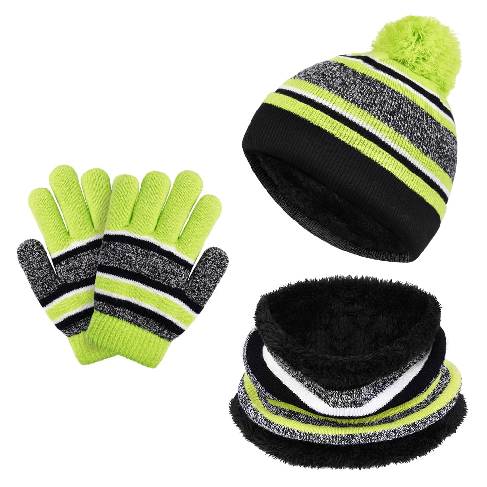 3Pcs Kids Winter Beanie Hat Scarf Mittens Set Baby Toddler Knitted Beanie Hat Neck Scarf Warmer Gaiter Gloves