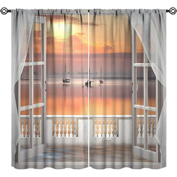 Tropical Ocean Sunset Curtains, Sea Beach Seaside Sailing Boat Ship Nautical Scenery Print Rod Pocket Blackout Window Curtains for Bedroom Living Room, 84" W X 84" L