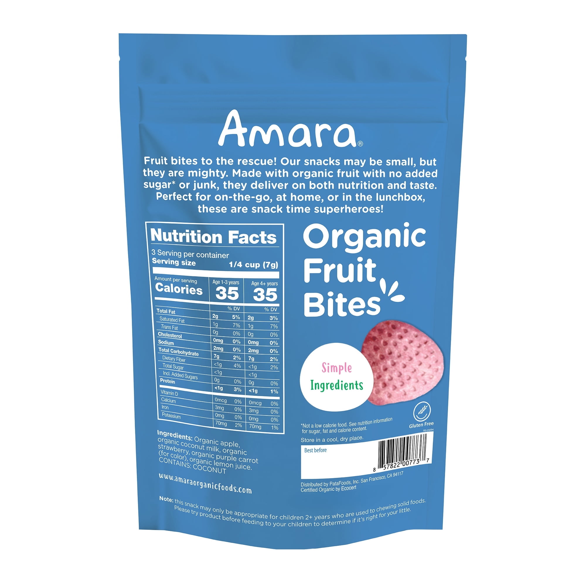4 pack Amara Strawberry Organic Fruit Bites, Baby & Toddler Snacks, No Added Sugar, Stage 3, .75 oz Bag